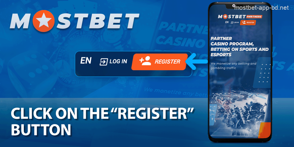 Click on the "Register" button at the top of the Mostbet affiliate page