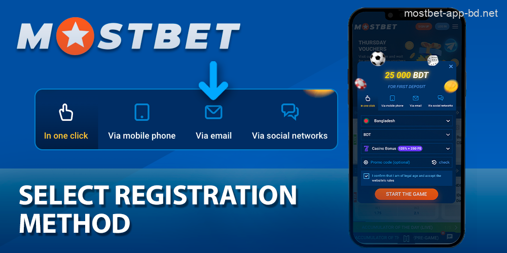 Choose how to register in the Mostbet app