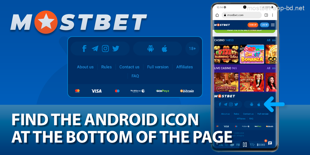 Find the Android icon on the Mostbet homepage