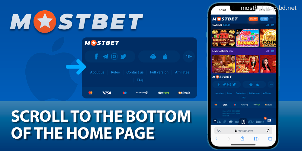 Scroll to the bottom of the Mostbet home page