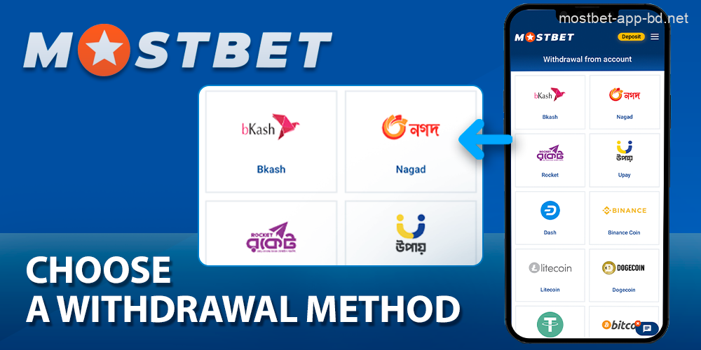 Choose a banking method to withdraw funds in the Mostbet app